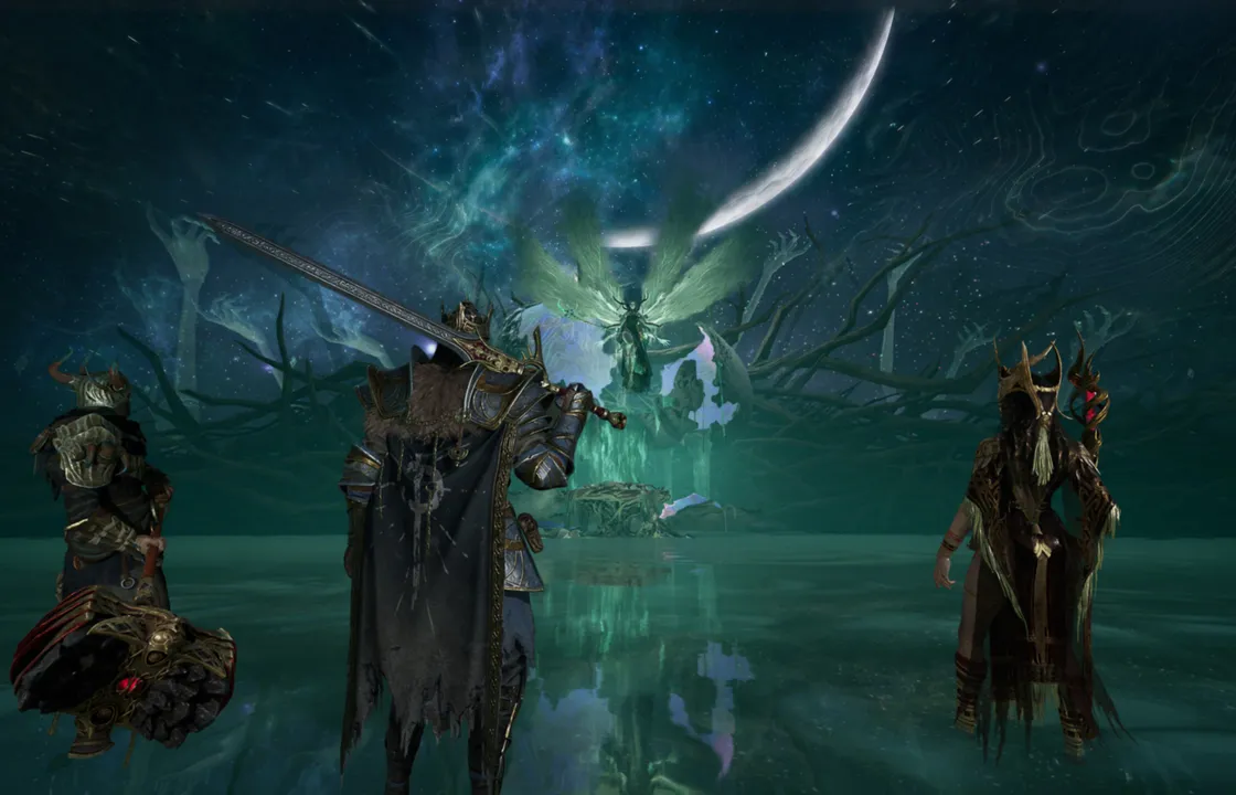 Mistfall Hunter ruined environment with a hunter overlooking a dangerous route.
