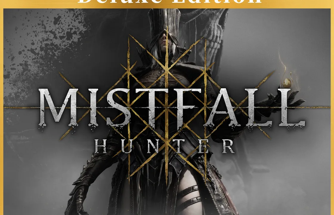 Mistfall Hunter promotional background showing armored characters in a foggy scene.