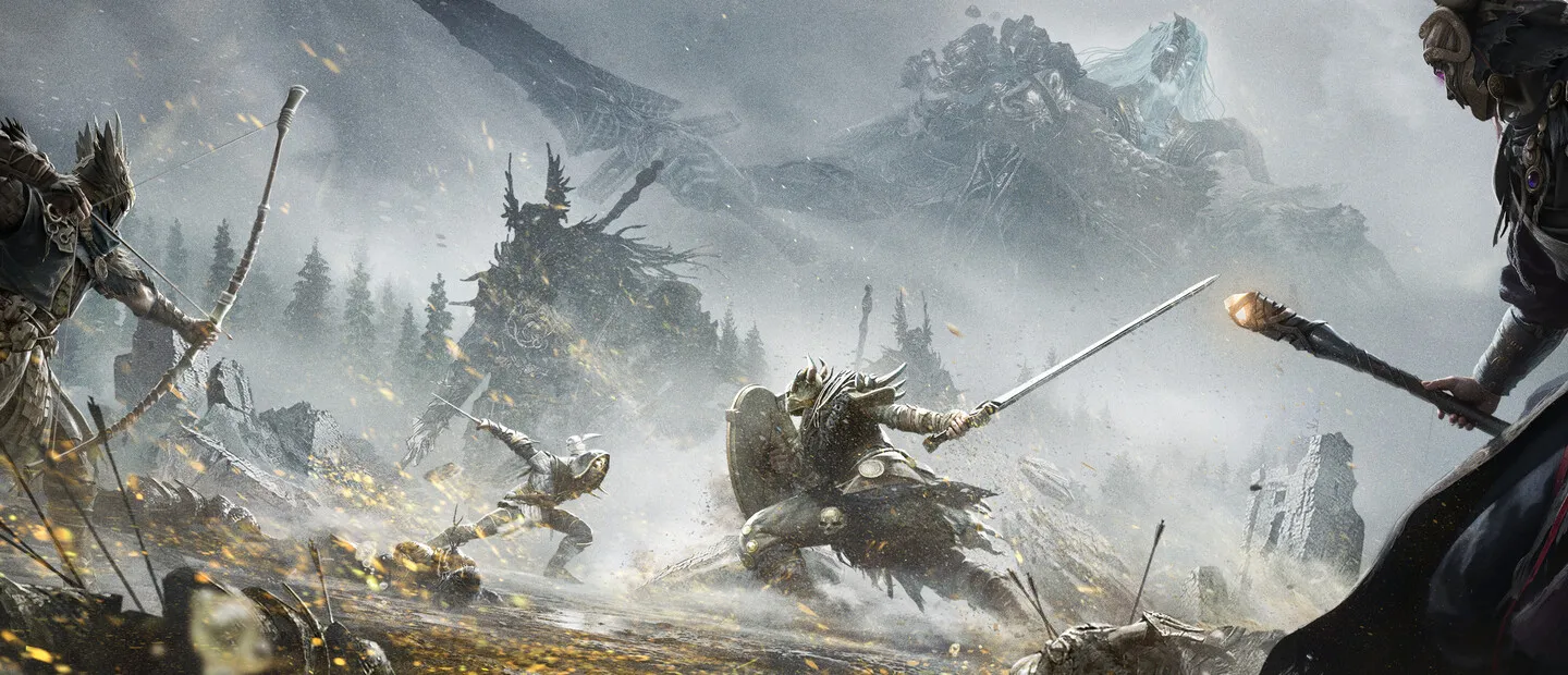Mistfall Hunter key art showing armored hunters fighting in a foggy battlefield.