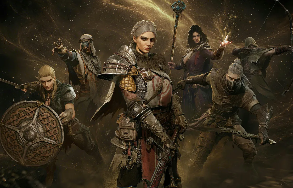 Mistfall Hunter gameplay scene with two hunters fighting a large enemy.